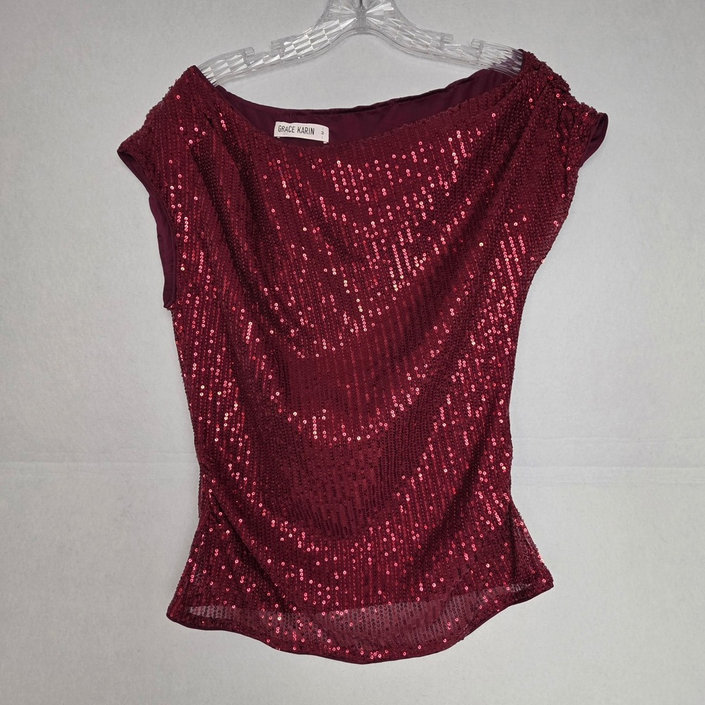 Grace Karin one-shoulder design featuring ruched red sequin top